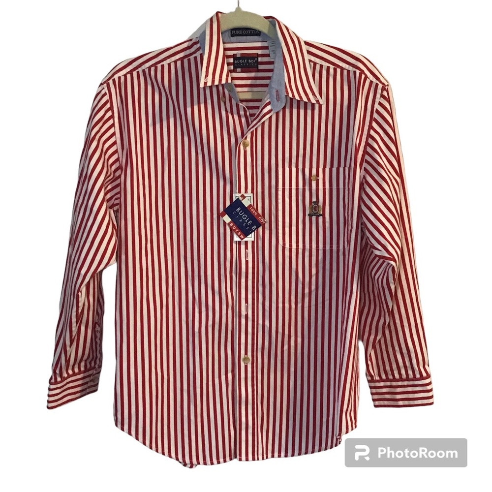 Boy’s NWT Bugle Boy Red and White Pinstripe Nautical Long Sleeve Shirt Size L